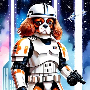 Cavalier King Charles Spaniel dressed as a space trooper in a colorful galaxy.