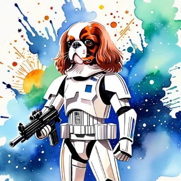 Cavalier King Charles Spaniel dressed as a stormtrooper in a colorful, abstract background.