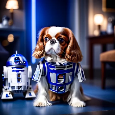 Cavalier King Charles Spaniel dressed as R2-D2, sitting beside a robotic droid.