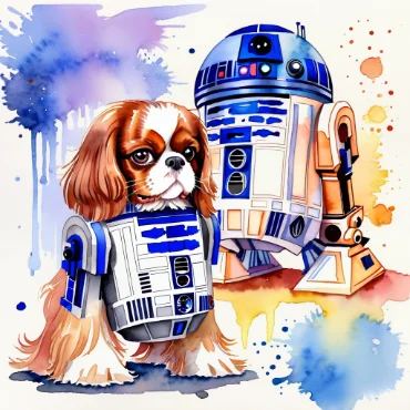 Cavalier King Charles Spaniel in a droid costume next to R2-D2, colorful watercolor background.