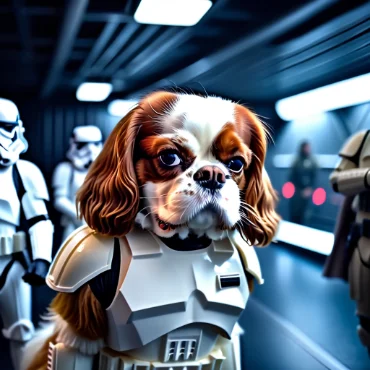 Cavalier King Charles Spaniel in Stormtrooper armor among Star Wars characters.