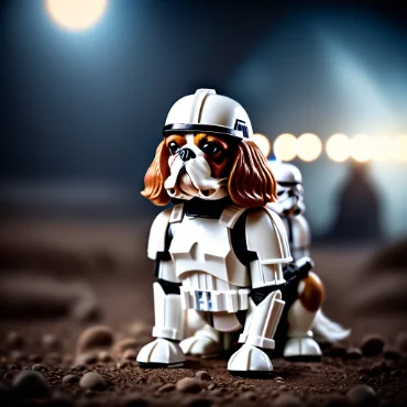 Cavalier King Charles Spaniel toy dressed as a stormtrooper in a sci-fi setting.