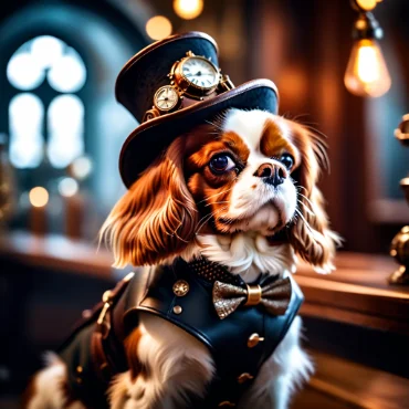 Cavalier King Charles Spaniel dressed in a steampunk outfit with a top hat and bowtie at a vintage bar.