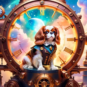 Cavalier King Charles Spaniel dressed in a suit, surrounded by a colorful steampunk clock.