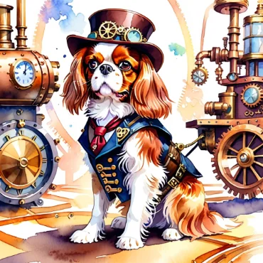 Cavalier King Charles Spaniel dressed in steampunk attire, surrounded by machinery.