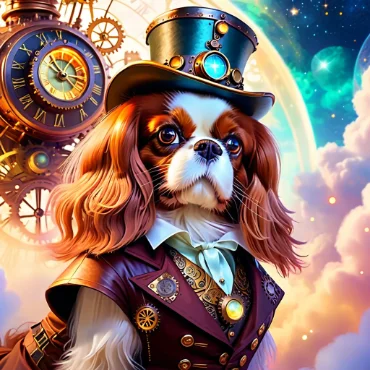 Cavalier King Charles Spaniel dressed in steampunk attire with a top hat.