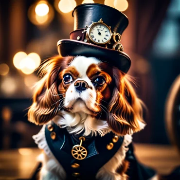 Cavalier King Charles Spaniel in a steampunk hat and coat, set against a cozy background.