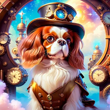 Cavalier King Charles Spaniel in a steampunk outfit and top hat, surrounded by clocks.