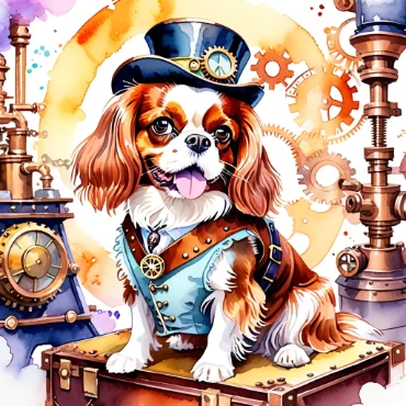 Cavalier King Charles Spaniel in a steampunk outfit with a top hat and goggles.