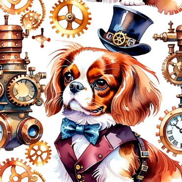 Cavalier King Charles Spaniel in a steampunk outfit with gears and machinery in the background.