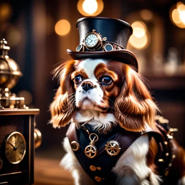 Cavalier King Charles Spaniel in a steampunk outfit with top hat and goggles.