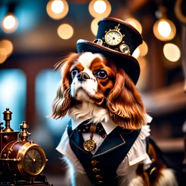 Cavalier King Charles Spaniel in a top hat and suit, sitting by a vintage clock.