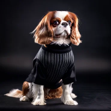 A Cavalier King Charles Spaniel wearing a black sweater, sitting against a dark background.h