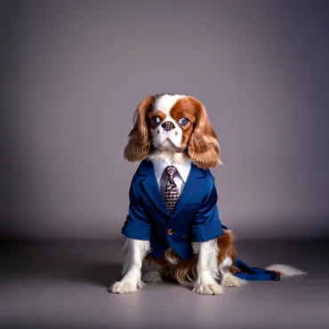 Cavalier King Charles Spaniel dressed in a blue suit and tie, sitting confidently.