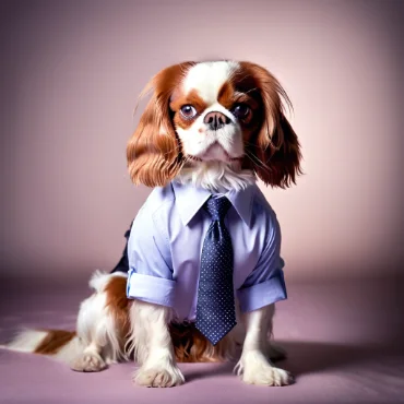 Cavalier King Charles Spaniel dressed in a shirt and tie, posing confidently.