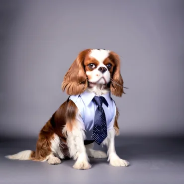 Cavalier King Charles Spaniel dressed in a suit and tie, posing confidently.