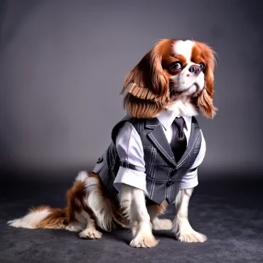 Cavalier King Charles Spaniel dressed in a suit and tie, posing elegantly.