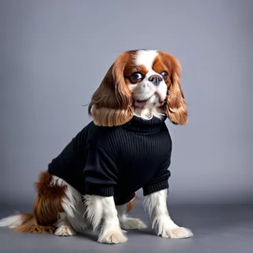 Cavalier King Charles Spaniel in a black sweater, posing elegantly against a gray backdrop.