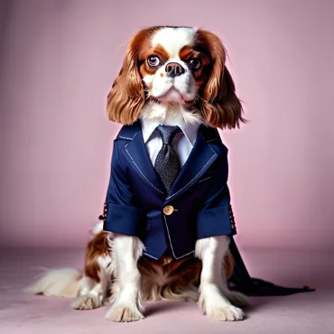 Cavalier King Charles Spaniel in a stylish blue suit with a tie, sitting against a pink background.