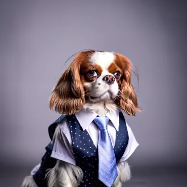 Cavalier King Charles Spaniel in a suit with a polka dot necktie, looking serious.