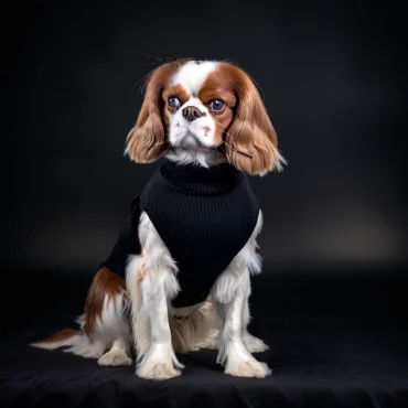 Cavalier King Charles Spaniel wearing a black sweater, posing elegantly against a dark background.