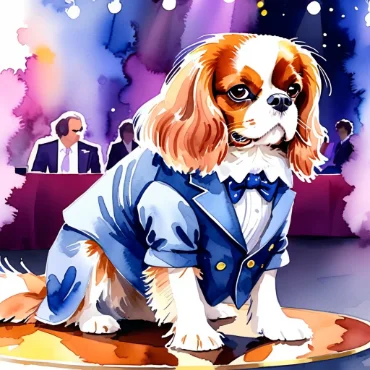 A Cavalier King Charles Spaniel in a tuxedo standing on a podium at a dog show.