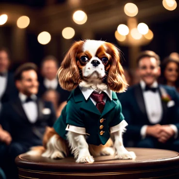 Cavalier King Charles Spaniel dressed in a suit, sitting on a table with an audience behind.