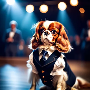 Cavalier King Charles Spaniel dressed in a tuxedo at a glamorous event.