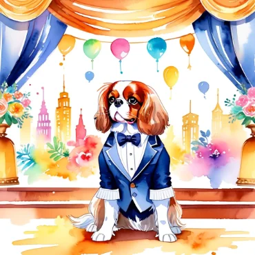 Cavalier King Charles Spaniel dressed in a tuxedo, surrounded by balloons and floral decorations.