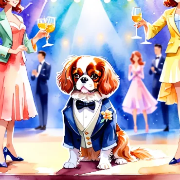 Cavalier King Charles Spaniel in a tuxedo at a glamorous event with guests in formal attire.