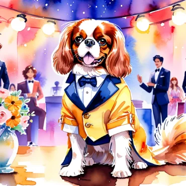 Cavalier King Charles Spaniel in a tuxedo at a lively party with colorful decorations.