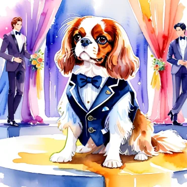 Cavalier King Charles Spaniel in a tuxedo on a runway with male models in the background.