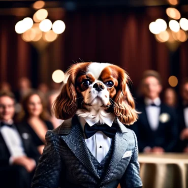 Cavalier King Charles Spaniel in a tuxedo, standing before an audience.