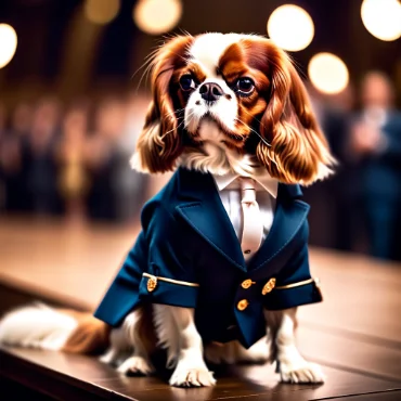 Cavalier King Charles Spaniel wearing a formal suit, posing elegantly indoors.