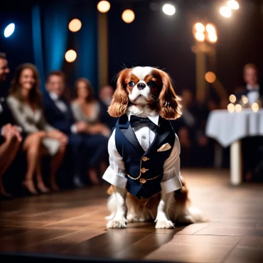 Dapper Cavalier King Charles Spaniel dressed in a tuxedo on a stage with an audience.