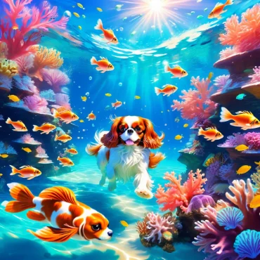 A Cavalier King Charles Spaniel swimming in a vibrant underwater scene with fish and coral.