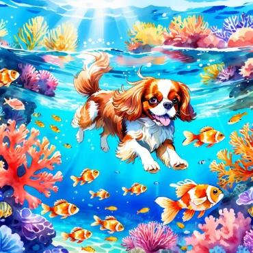 Cavalier King Charles Spaniel swimming among colorful fish and coral.