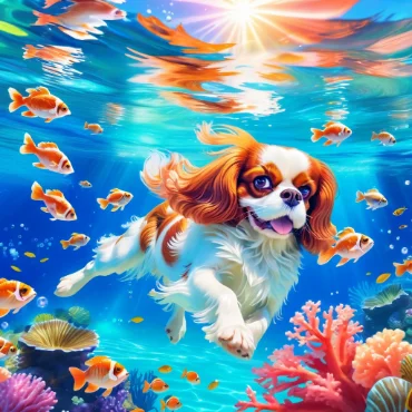 Cavalier King Charles Spaniel swimming among colorful fish and coral reefs.