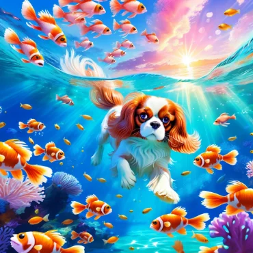 Cavalier King Charles Spaniel swimming among colorful fish in a vibrant underwater scene.