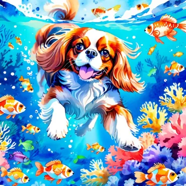 Cavalier King Charles Spaniel swimming joyfully among colorful fish and coral.