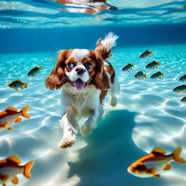 Cavalier King Charles Spaniel swimming underwater among colorful fish.