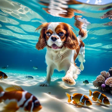 Cavalier King Charles Spaniel swimming underwater among colorful fish and coral.