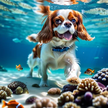 Cavalier King Charles Spaniel swimming underwater among coral and fish.