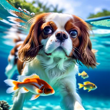 Cavalier King Charles Spaniel swimming underwater with goldfish.