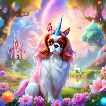 A Cavalier King Charles Spaniel with a unicorn horn in a fairy tale landscape.