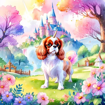 Cavalier King Charles Spaniel as a unicorn in a colorful fantasy landscape.