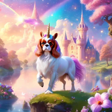 Cavalier King Charles Spaniel as a unicorn in a magical landscape with a castle.