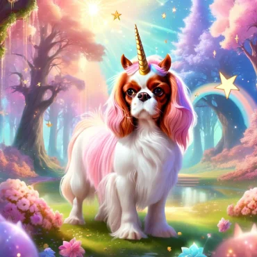 Cavalier King Charles Spaniel dressed as a unicorn in a magical forest.