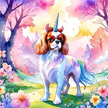 Cavalier King Charles Spaniel with a unicorn horn in a colorful fantasy landscape.