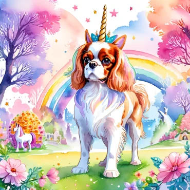 Cavalier King Charles Spaniel with a unicorn horn in a colorful, whimsical landscape.